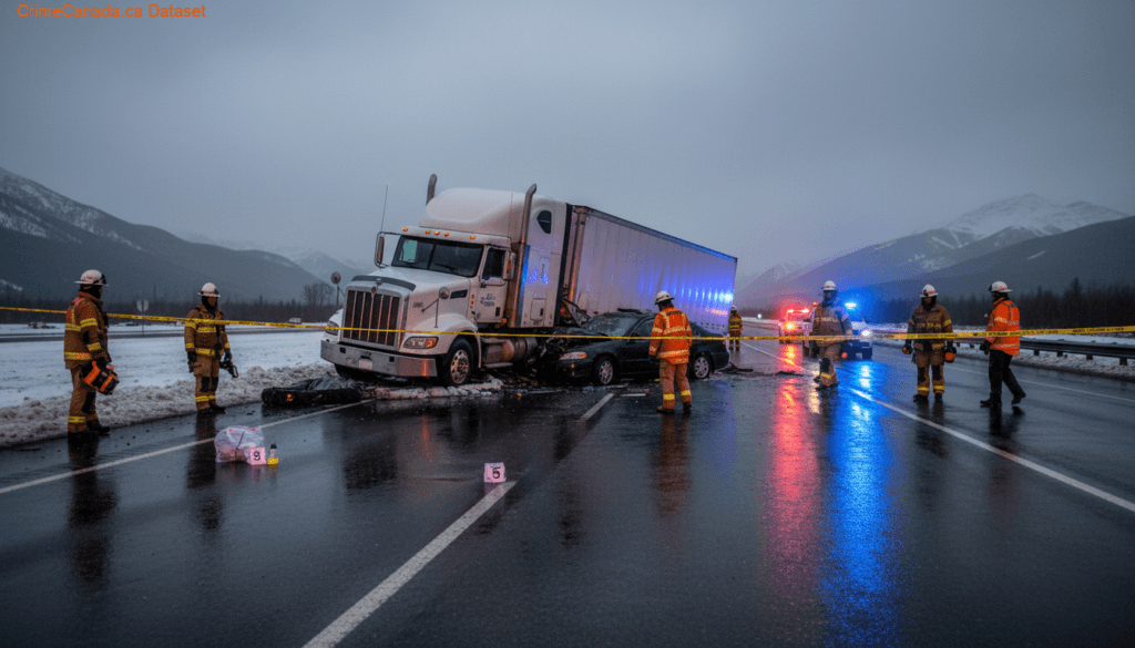 Heavily damaged white passenger car in a ditch against a rock wall after collision with tractor trailer on the Trans-Canada Highway near Whitbourne Newfoundland and Labrador