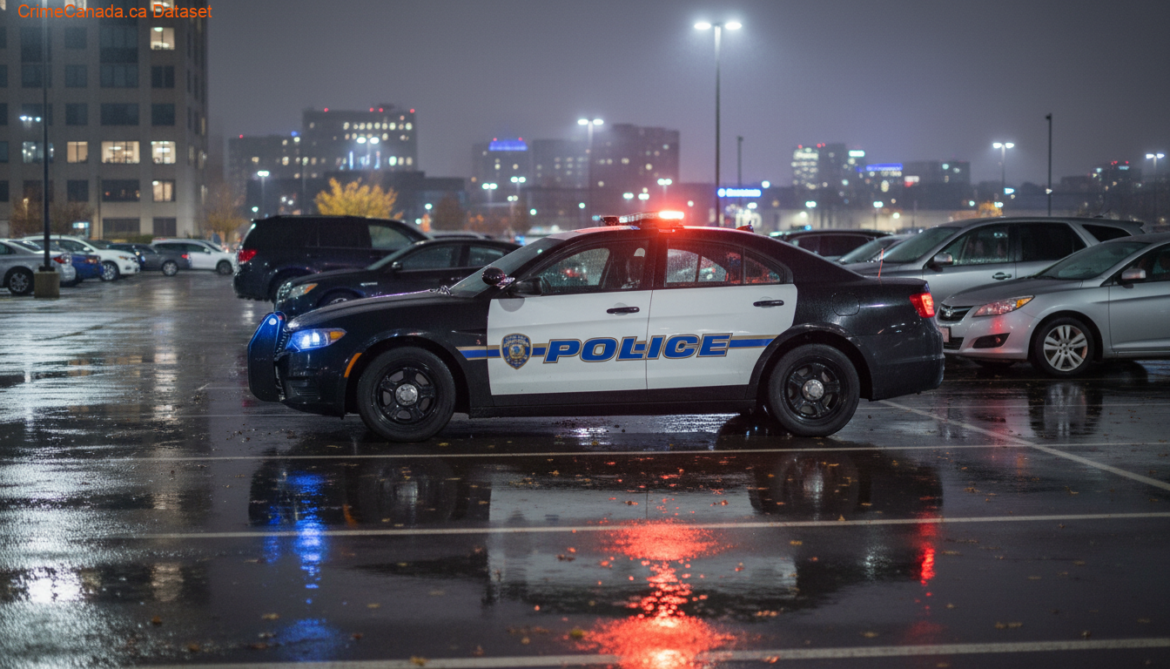 Police vehicles and tape at a downtown Oshawa parking lot after a stabbing during a large fight