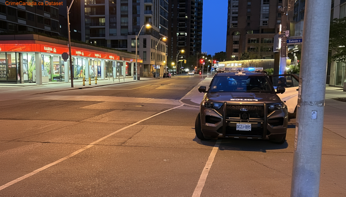 Toronto police vehicles at a nighttime shooting investigation scene in the city