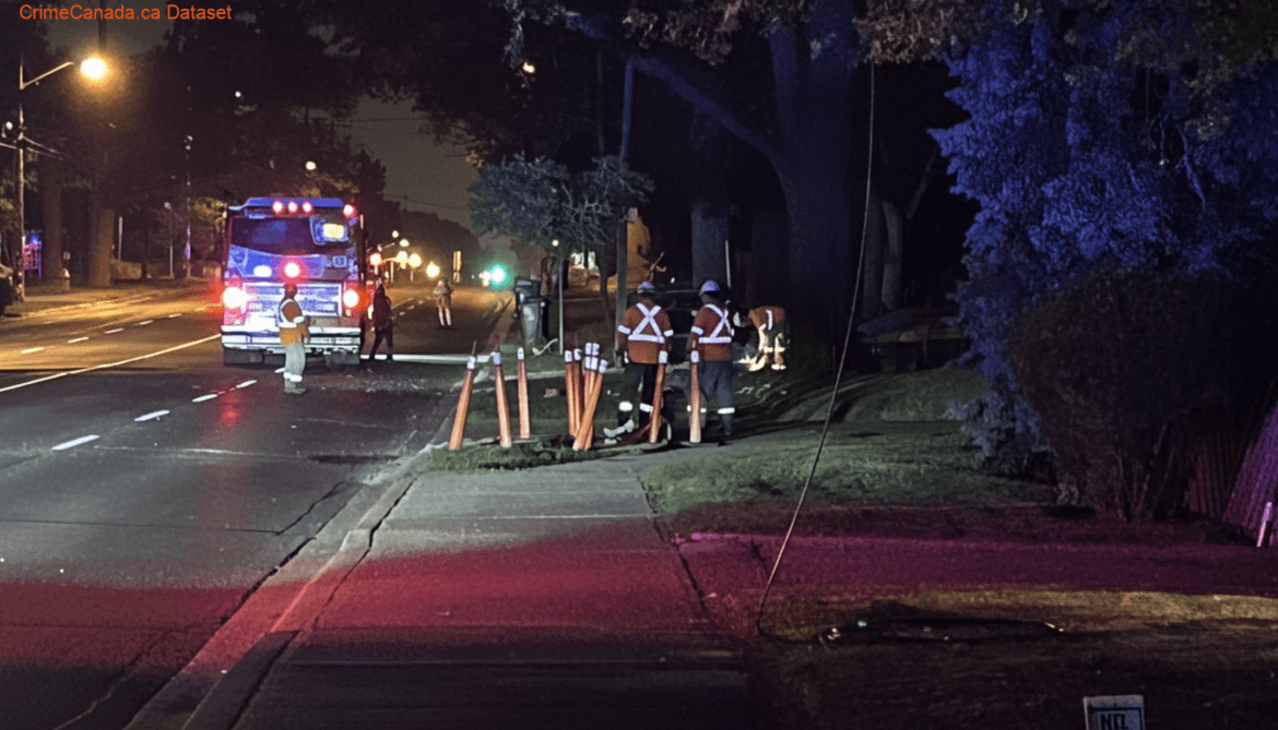 Etobicoke impaired-driving collision scene involving a downed hydro pole near Islington Avenue