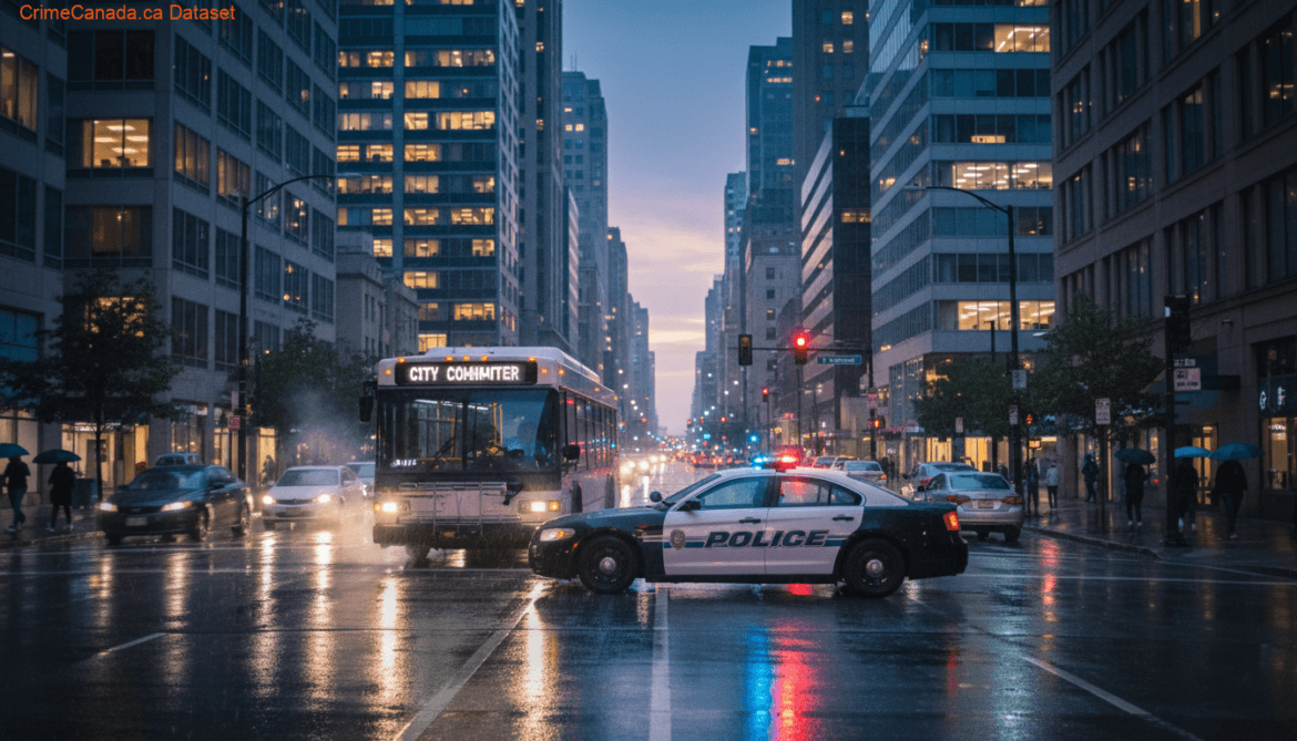 Police vehicles at night investigating a stabbing on a MiWay bus near Hurontario Street in Mississauga