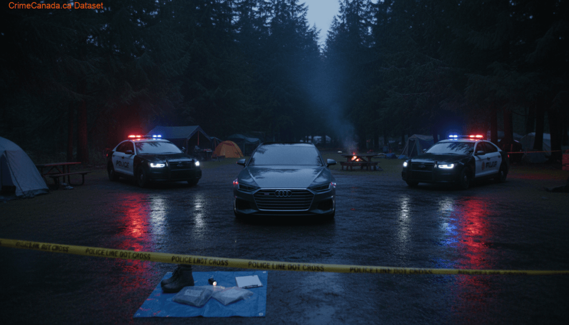 Audi parked at a campground during a speeding incident investigation near Fairmont, BC.