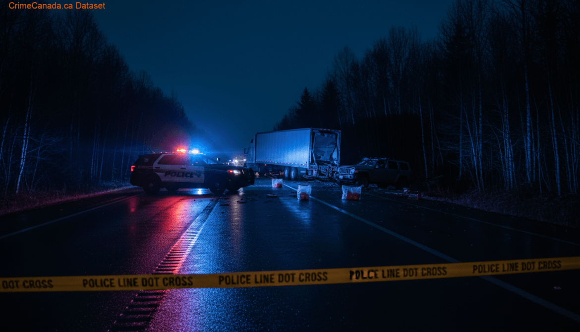 Collision scene on Highway 28 near Gibbons, Alberta involving SUV and semi-truck.